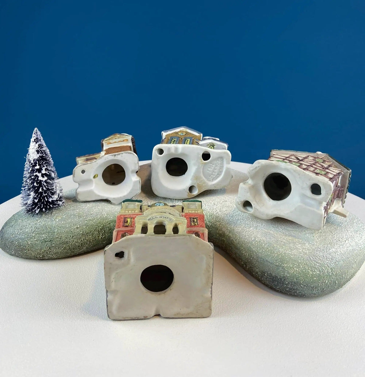 Christmas Village Collection of Small Illuminated Houses | Set of 4 Bldgs: Mill, 2 Churches, Train St., Council Offices, 2 Sheep and 3 Pines | Collectible Vintage | Collectors & Hosts