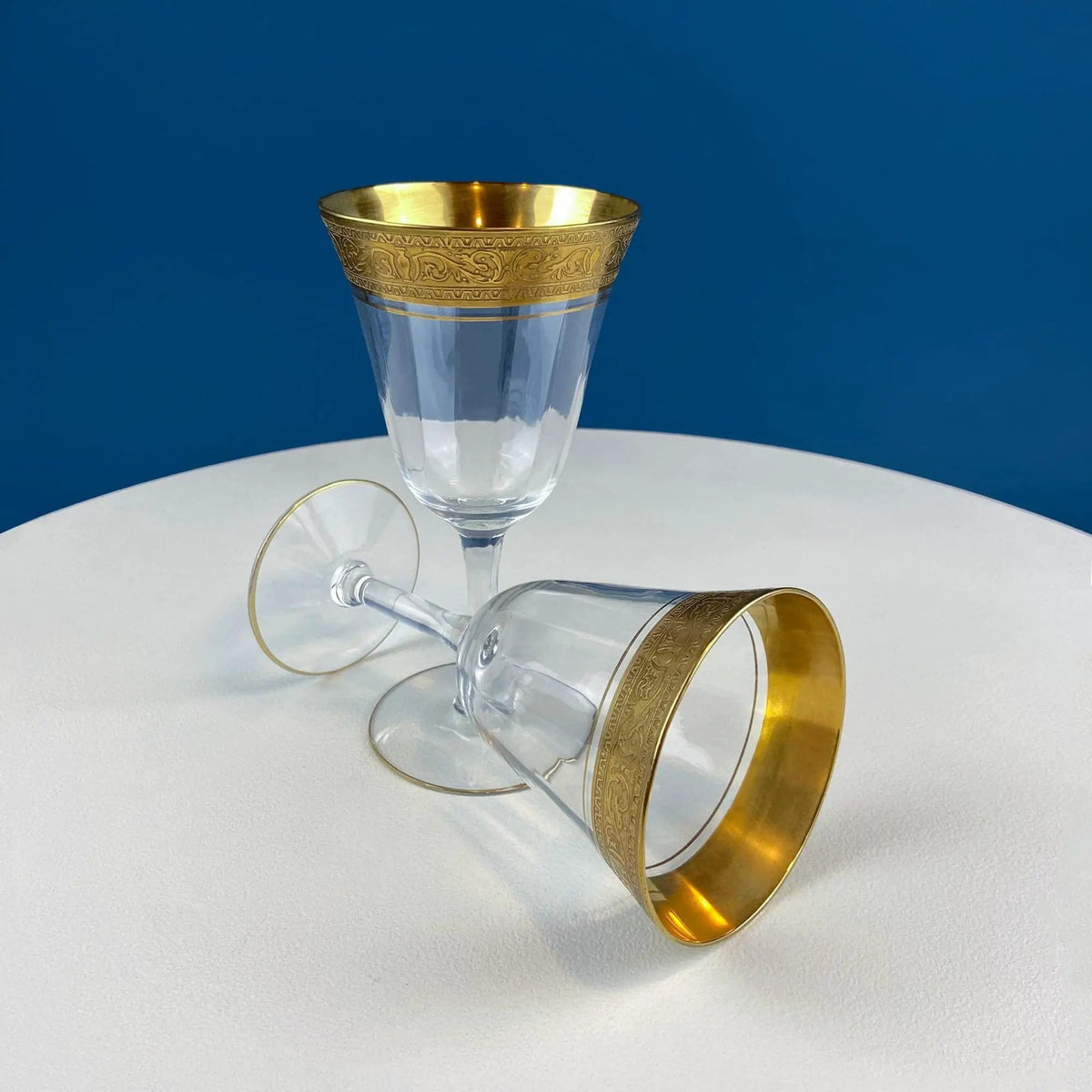 Antique Tiffin Franciscan Wine Goblets with Embossed Gold Rims | Set of 5 Faceted Mid Century Stemware | 24K Gold | Gift for Him Her