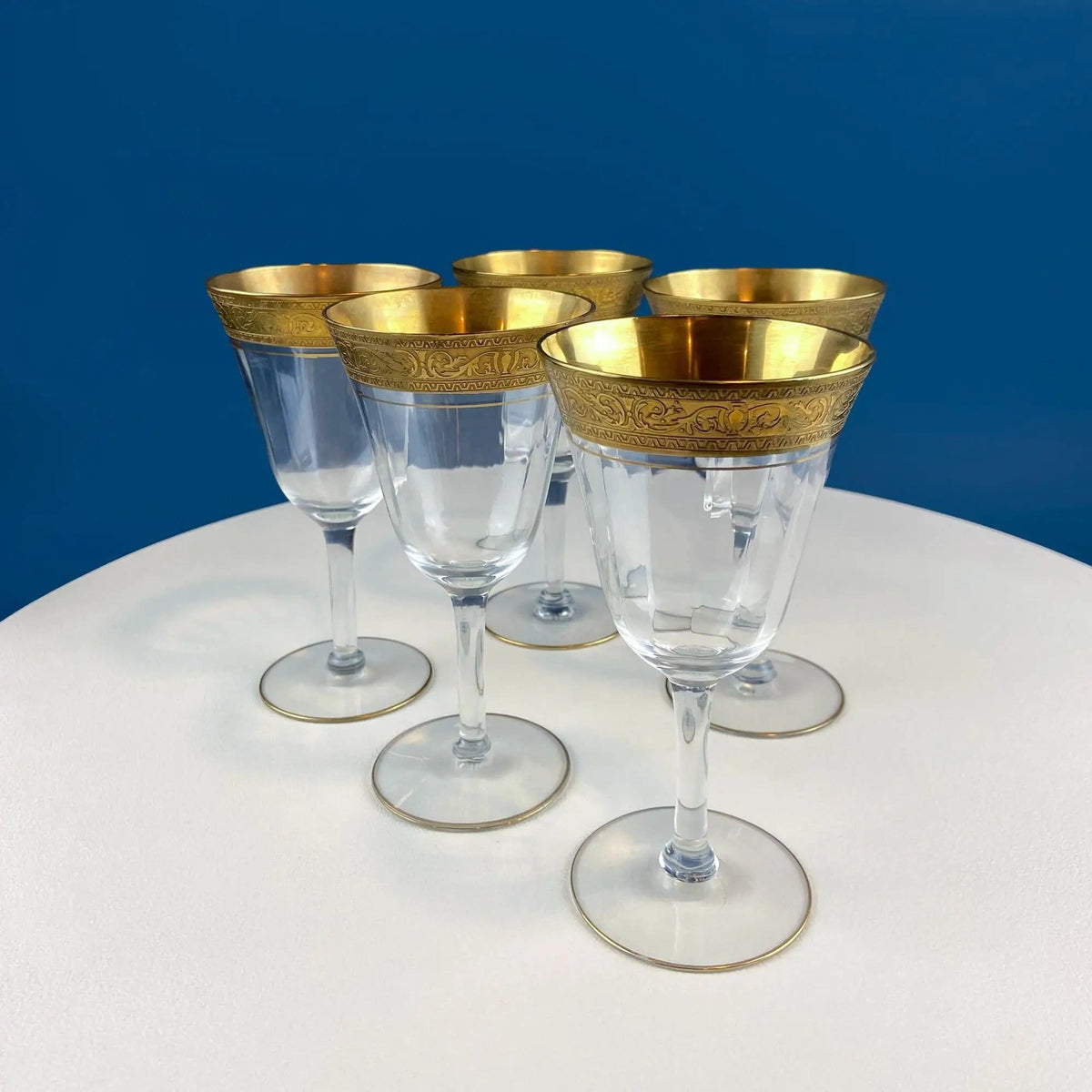 Antique Tiffin Franciscan Wine Goblets with Embossed Gold Rims | Set of 5 Faceted Mid Century Stemware | 24K Gold | Gift for Him Her