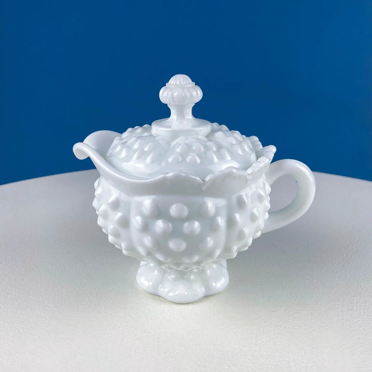 Vintage Fenton Milk Glass Sugar Bowl & Creamer on Matching Tray | White Thumb Print Serving Dishes | Collectible Glass | Collectors & Hosts