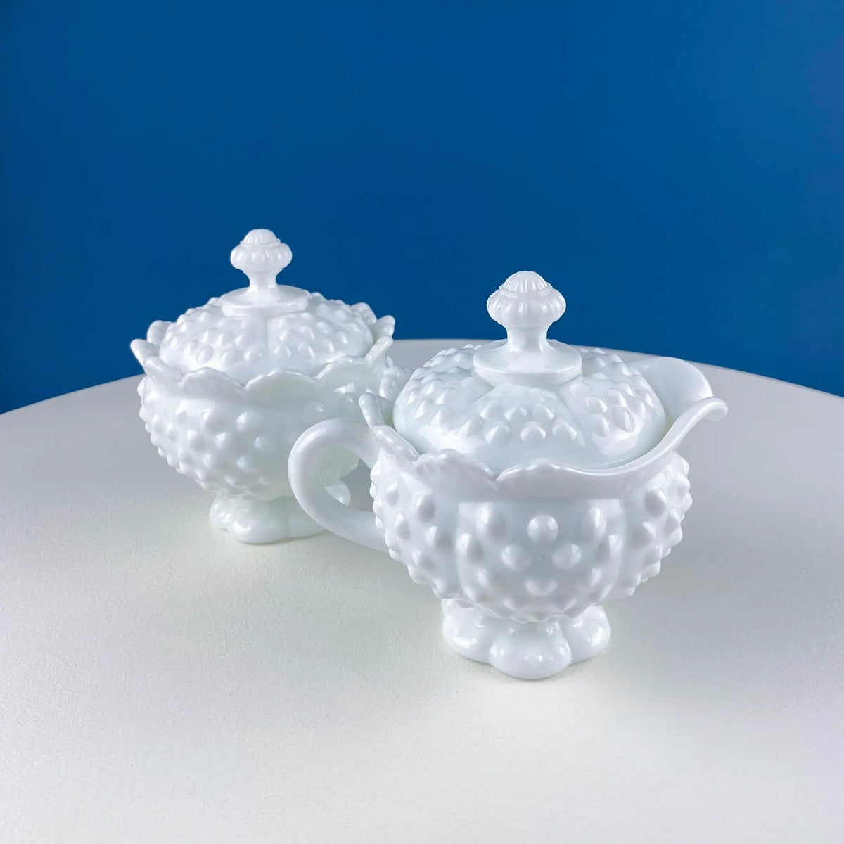 Vintage Fenton Milk Glass Sugar Bowl & Creamer on Matching Tray | White Thumb Print Serving Dishes | Collectible Glass | Collectors & Hosts