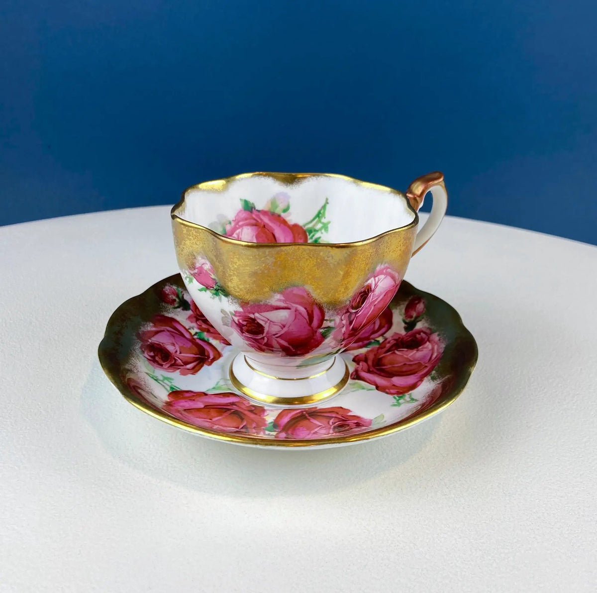 Teacup And Saucer | Large Red Roses | Gold Rim | Queen Anne Fine China