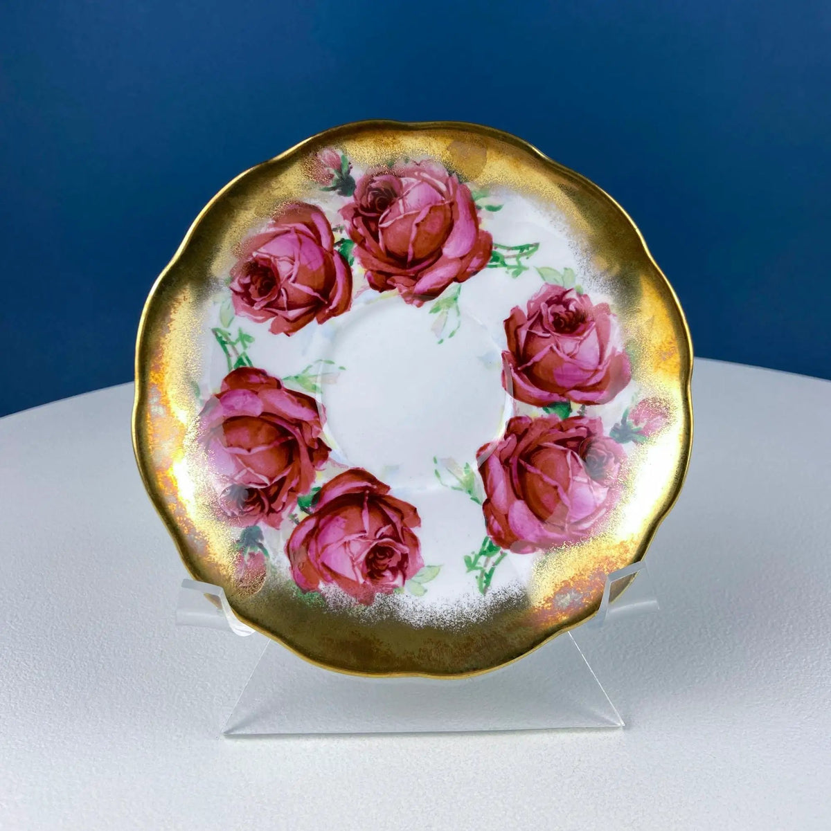 Teacup And Saucer | Large Red Roses | Gold Rim | Queen Anne Fine China