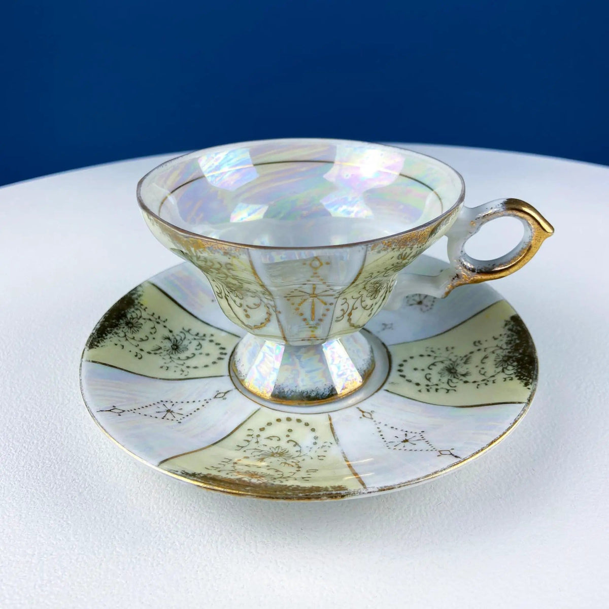 Vintage Pearlescent Tea Cups and Saucers with Light Yellow & Gold Accents | Set of 2 Cups | Slightly Different Silhouettes | Gift for Couple