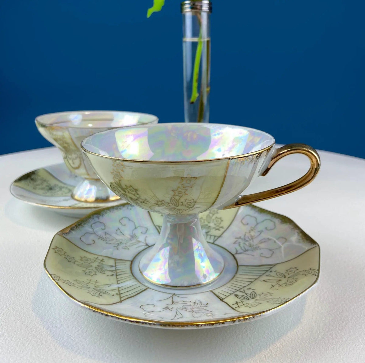 Vintage Pearlescent Tea Cups and Saucers with Light Yellow & Gold Accents | Set of 2 Cups | Slightly Different Silhouettes | Gift for Couple