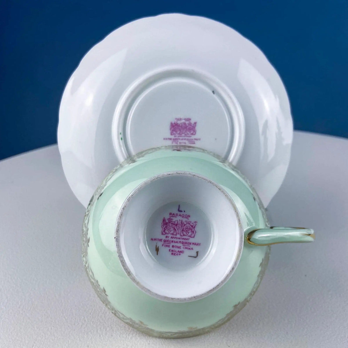 Vintage Mint Green and Gold Tea Cup & Saucer with Fruit Motif | Paragon Fine Bone China | Peaches, Plums, Berries | Gift for Him Her Tea Lover