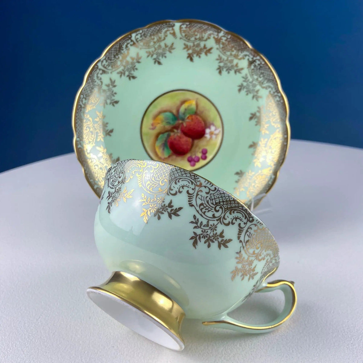Vintage Mint Green and Gold Tea Cup & Saucer with Fruit Motif | Paragon Fine Bone China | Peaches, Plums, Berries | Gift for Him Her Tea Lover