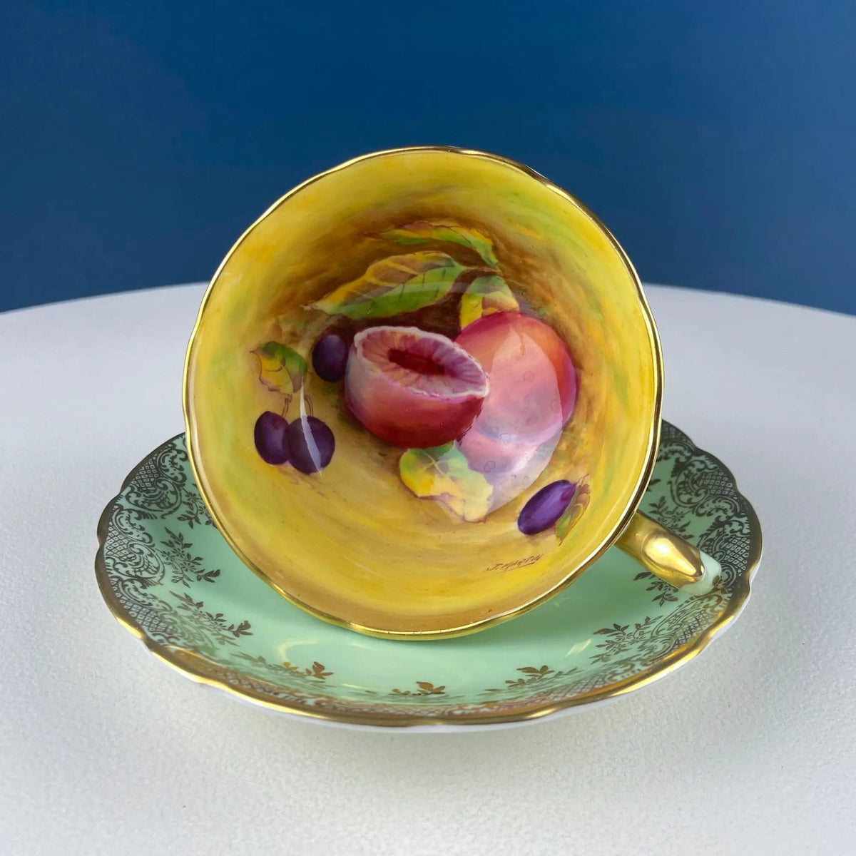Vintage Mint Green and Gold Tea Cup & Saucer with Fruit Motif | Paragon Fine Bone China | Peaches, Plums, Berries | Gift for Him Her Tea Lover