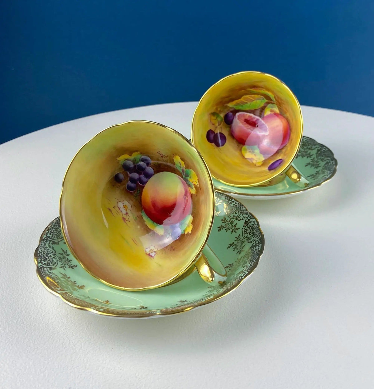 Vintage Mint Green and Gold Tea Cup & Saucer with Fruit Motif | Paragon Fine Bone China | Peaches, Plums, Berries | Gift for Him Her Tea Lover