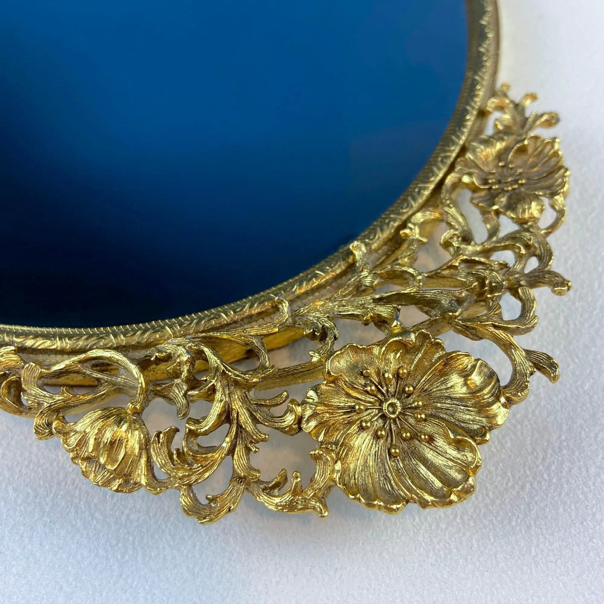 Vintage Large Gold Dresser Vanity Mirror Tray | Rich Gilded Metal Tea Rose Oval Frame | Chic Bedroom Bath Perfume Display | Collectors & Hosts