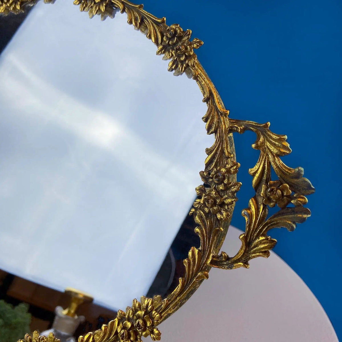 Vintage Large Gold Dresser Vanity Mirror Tray | Rich Gilded Metal Tea Rose Oval Frame | Chic Bedroom Bath Perfume Display | Collectors & Hosts