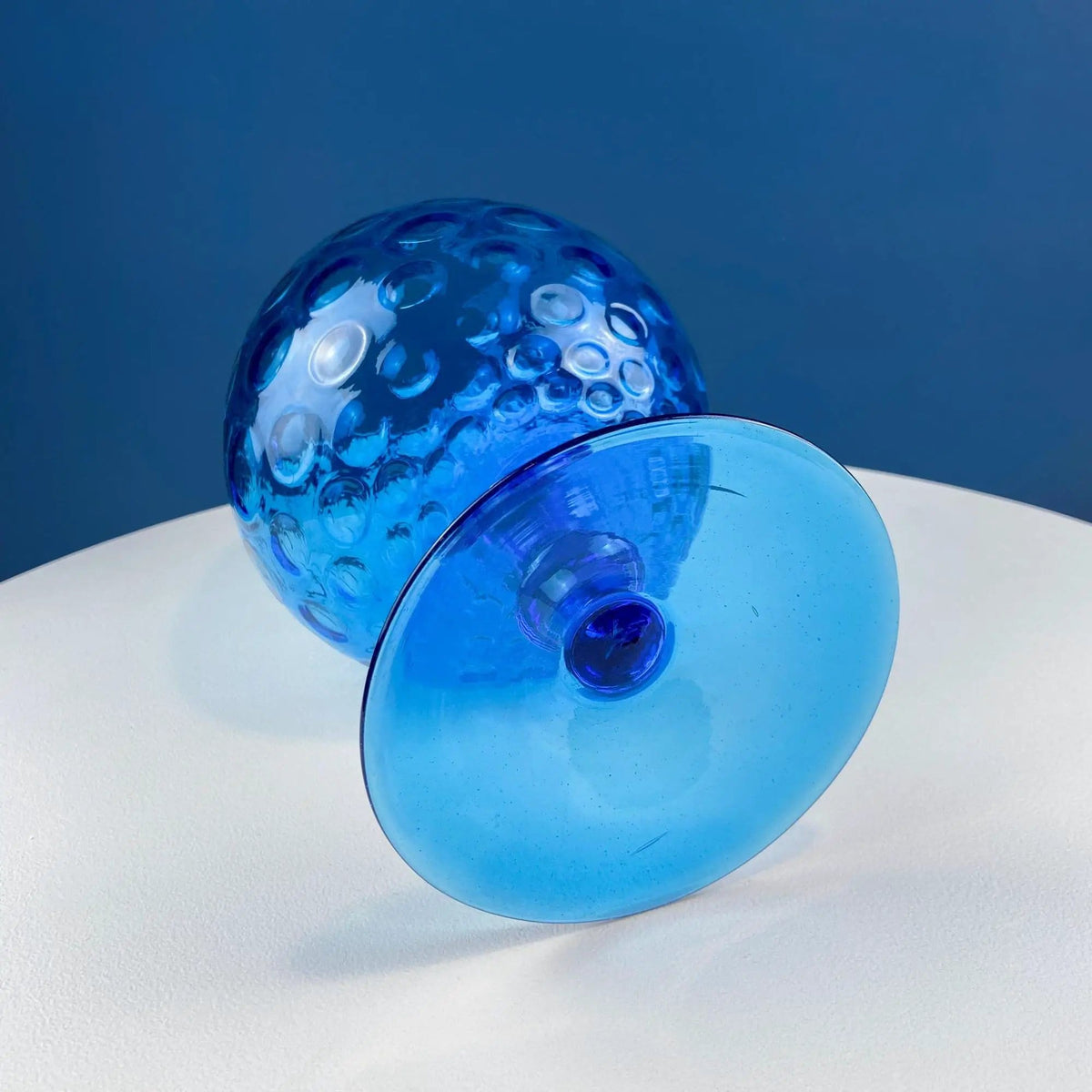 Blue Hand-Blown Glass Footed Vase | Large Goblet with Thumb Print Motif | Collectible Modern Glass | Collectors & Hosts