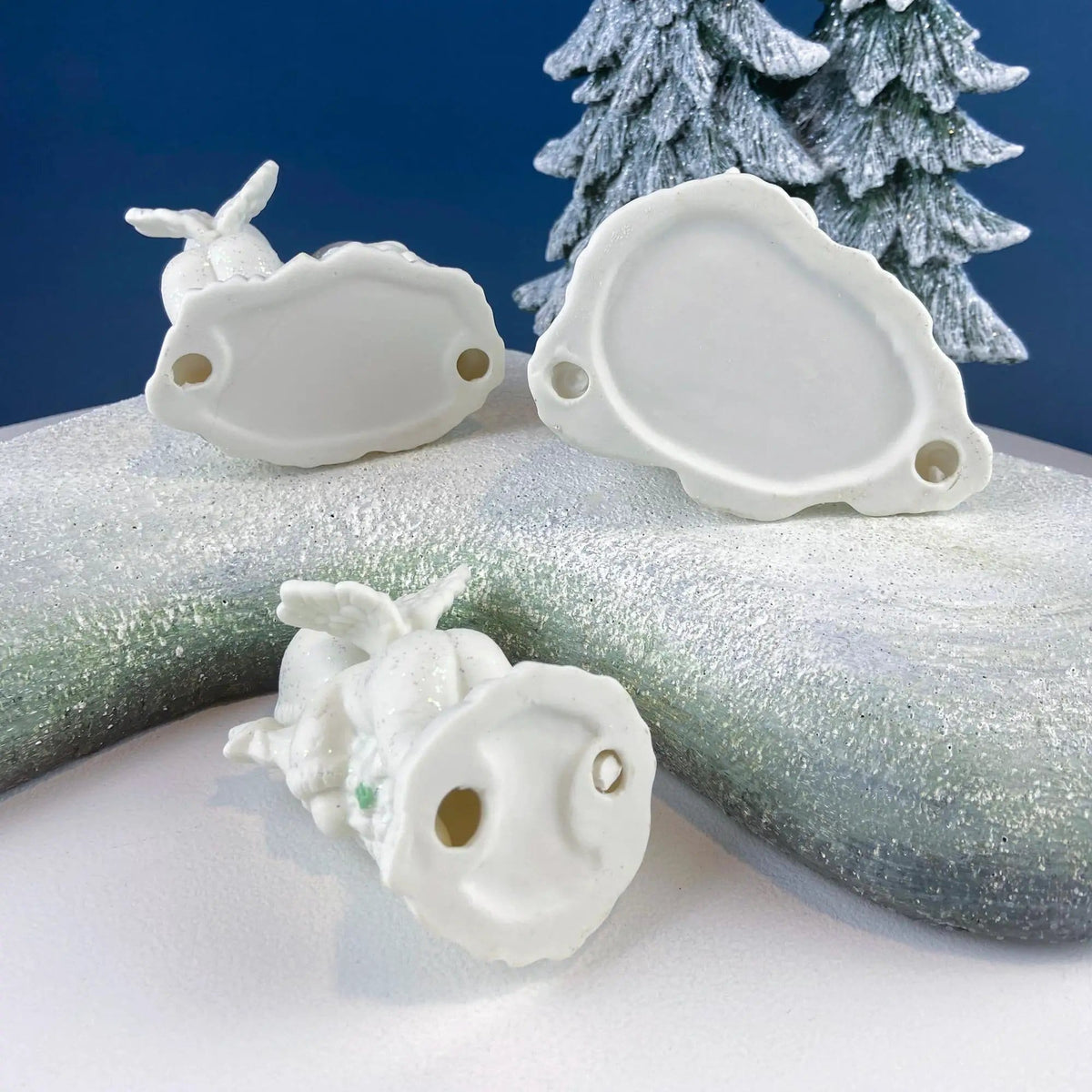 Polar Pals Playing in Snow Under Lit Christmas Tree | 3 White Porcelain Cupid Figurines Celebrating Friendship | Kids Room | Collectors & Hosts
