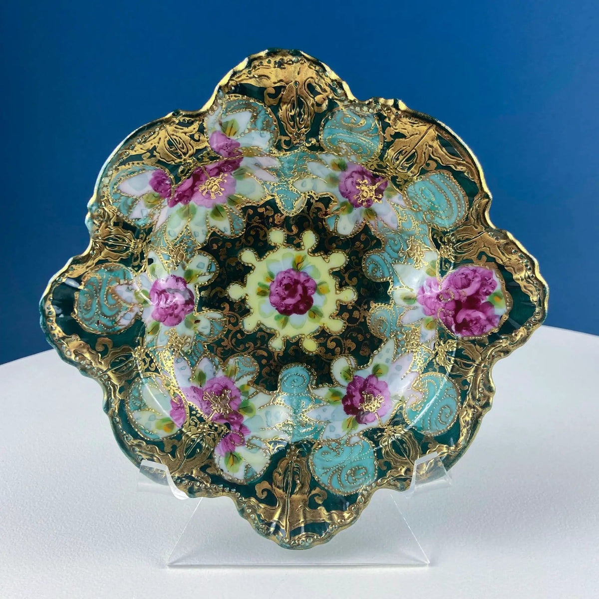 Old Hand Painted Porcelain Serving Bowl or Decorative Victorian Centerpiece with | Rich Gold Beaded Framework | Roses Motif | Collectors & Hosts