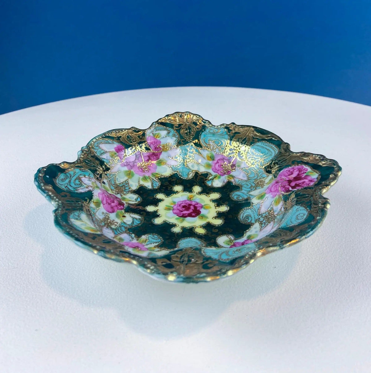Old Hand Painted Porcelain Serving Bowl or Decorative Victorian Centerpiece with | Rich Gold Beaded Framework | Roses Motif | Collectors & Hosts