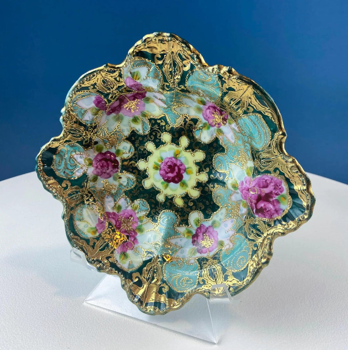 Old Hand Painted Porcelain Serving Bowl or Decorative Victorian Centerpiece with | Rich Gold Beaded Framework | Roses Motif | Collectors & Hosts