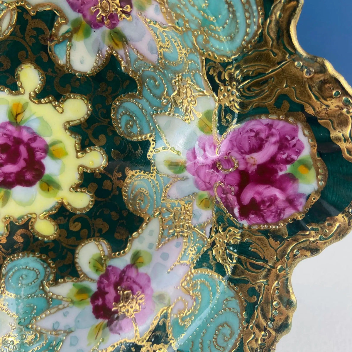 Old Hand Painted Porcelain Serving Bowl or Decorative Victorian Centerpiece with | Rich Gold Beaded Framework | Roses Motif | Collectors & Hosts