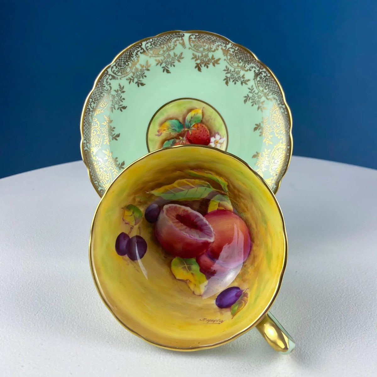 Vintage Mint Green and Gold Tea Cup & Saucer with Fruit Motif | Paragon Fine Bone China | Peaches, Plums, Berries | Gift for Him Her Tea Lover