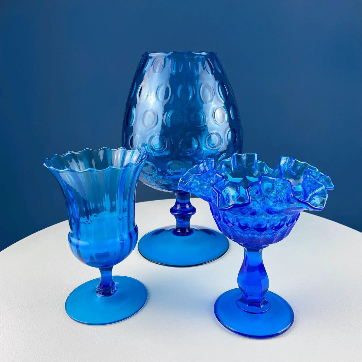 Blue Hand-Blown Glass Footed Vase | Large Goblet with Thumb Print Motif | Collectible Modern Glass | Collectors & Hosts