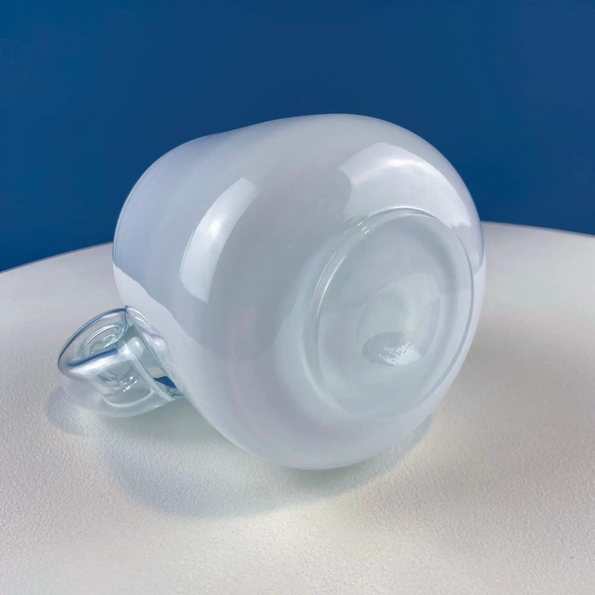 Modern White & Clear Glass Vase with Swirl Handle | Unique White Cased Hand Blown Art Glass with Scroll | Bath Storage | Collectors & Hosts