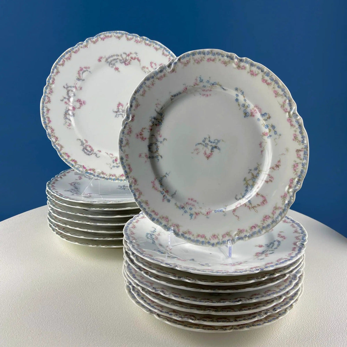 Antique Limoges Breakfast Lunch Dish Set for 8 | Floral Motif: Forget-me-Nots Tea Roses | French Country Living | Collectors & Hosts