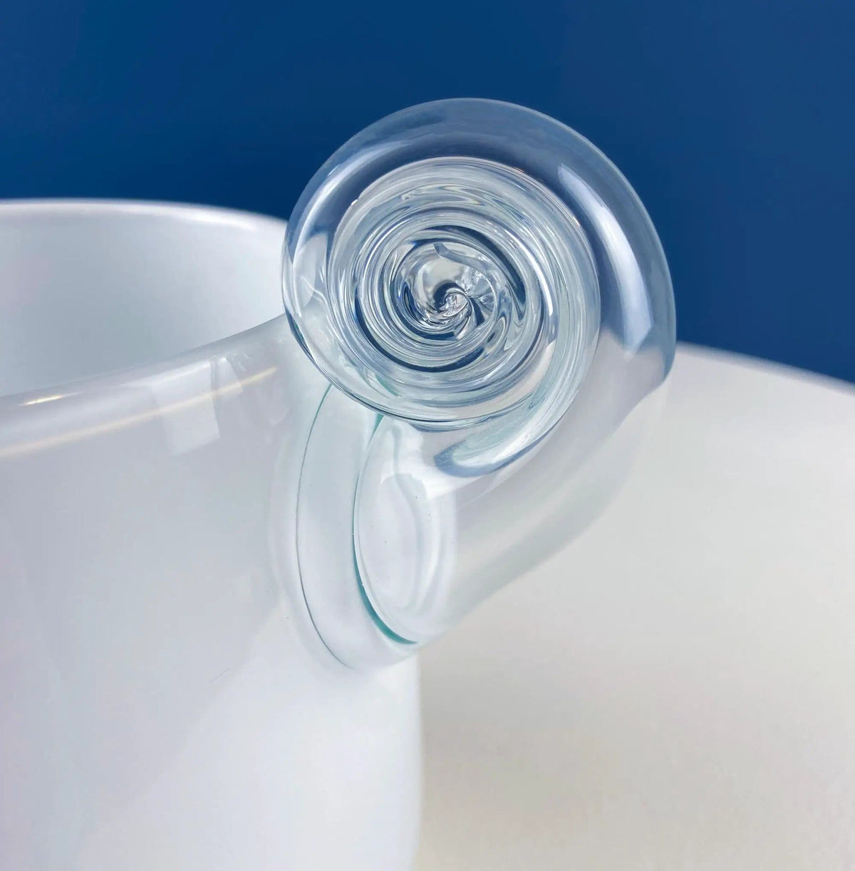 Modern White & Clear Glass Vase with Swirl Handle | Unique White Cased Hand Blown Art Glass with Scroll | Bath Storage | Collectors & Hosts