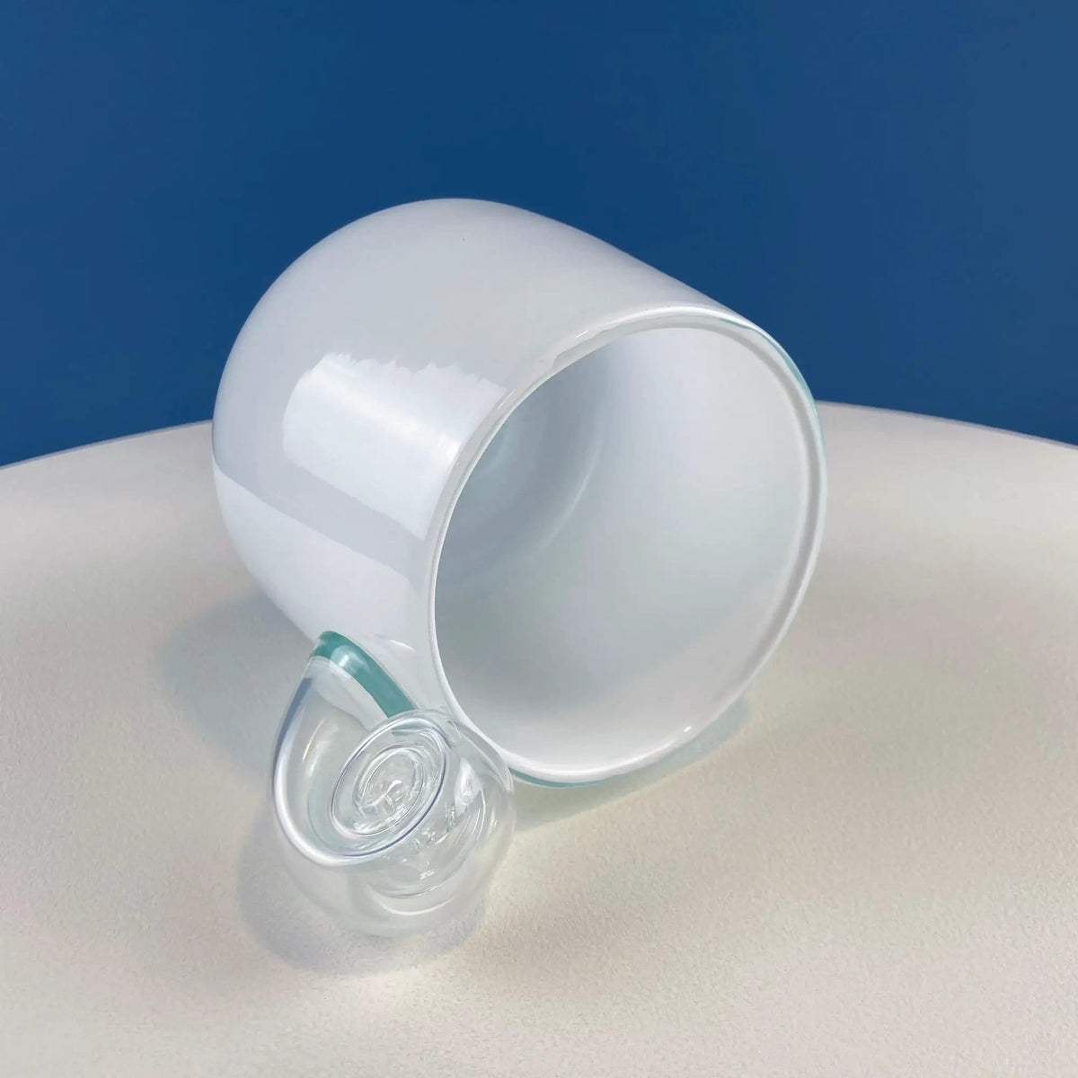 Modern White & Clear Glass Vase with Swirl Handle | Unique White Cased Hand Blown Art Glass with Scroll | Bath Storage | Collectors & Hosts