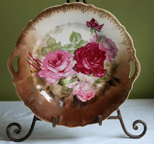 Antique Porcelain Plate with Handles - Hand Painted Roses | Collectible Vintage | Pre-Owned Piece | Collectors & Hosts