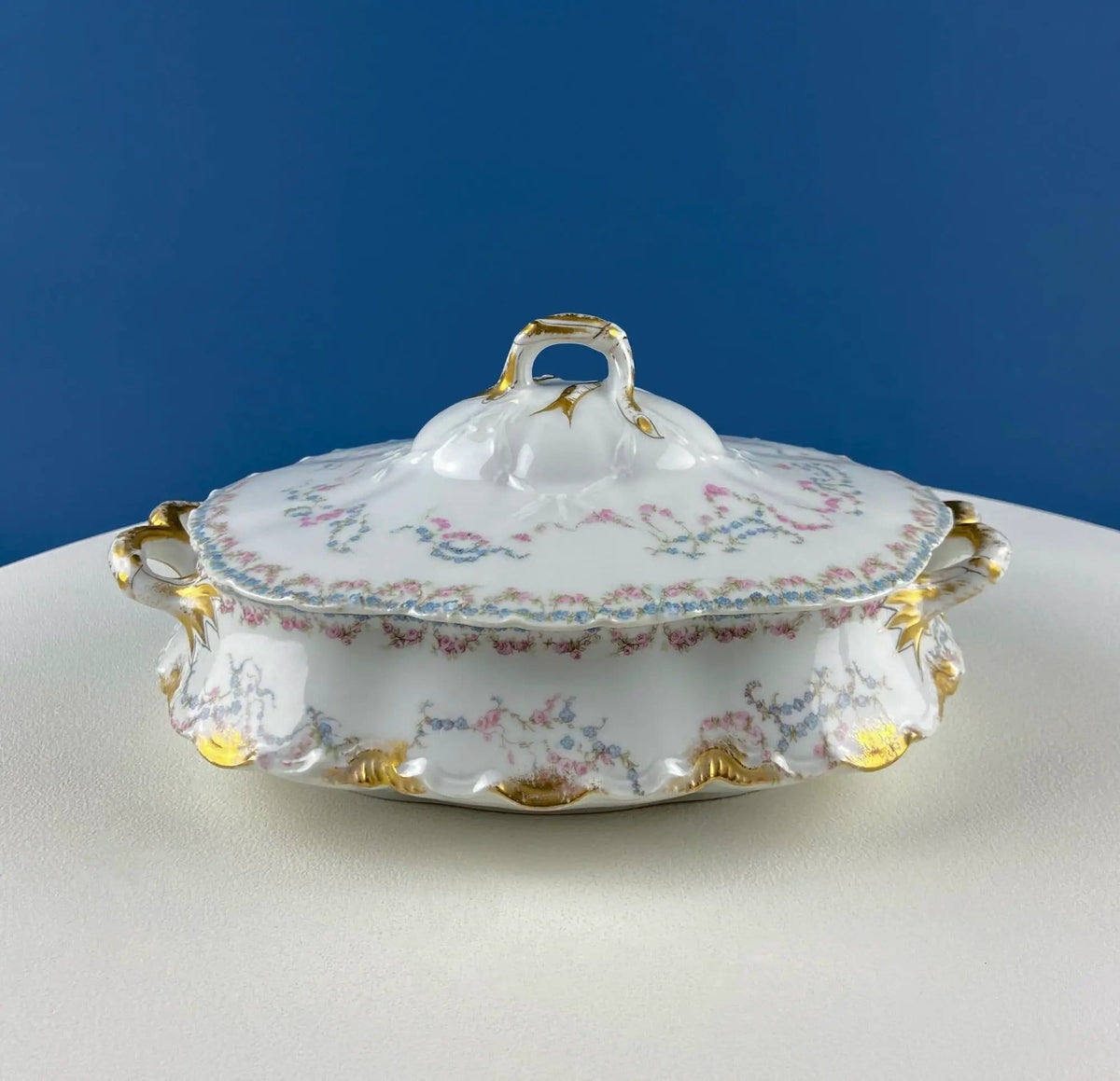 Antique Limoges Breakfast Lunch Dish Set for 8 | Floral Motif: Forget-me-Nots Tea Roses | French Country Living | Collectors & Hosts