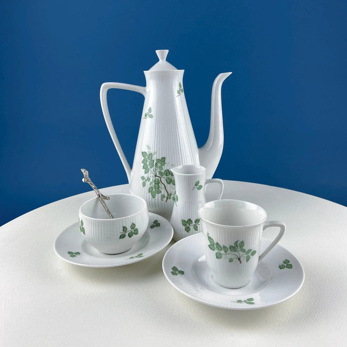 Rorstrand Rodos Espresso Dessert Modern Dish Set | 1900's Swedish Coffee Breakfast Set for 11 | Leaf Motif | Collectors & Hosts