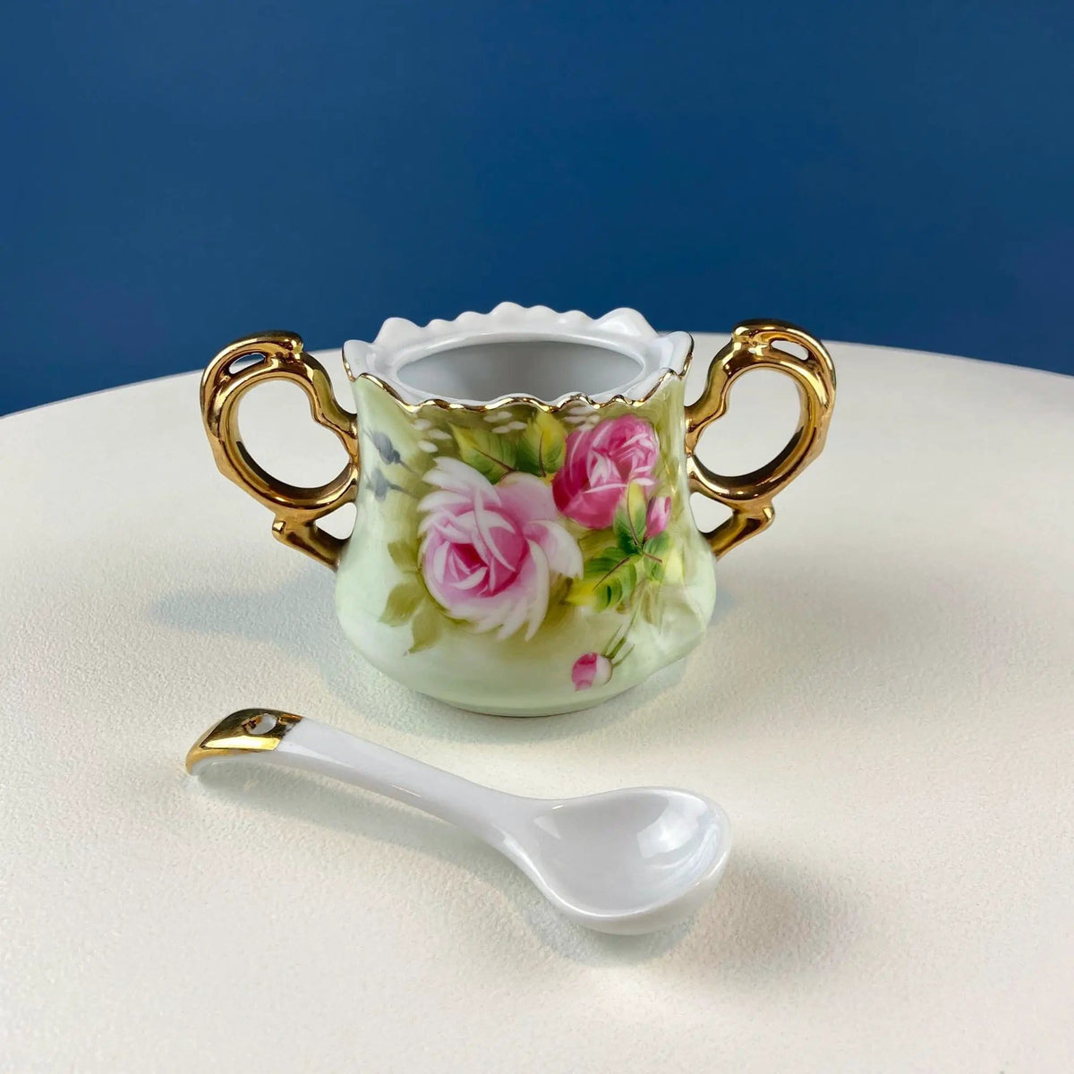 Lefton Hand Painted Tea Set | Cup Saucer Creamer Sugar Jar with Spoon | Roses Motif | Gift for Her
