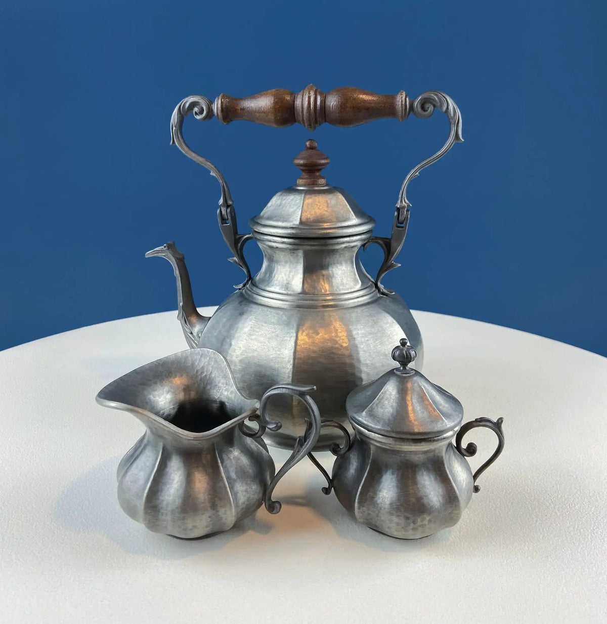 Vintage 6 Piece Pewter Coffee & Tea Serving Set with Filigree Tray | Metawa, Holland | Mid Century Modern Early Art Deco | Collectors & Hosts
