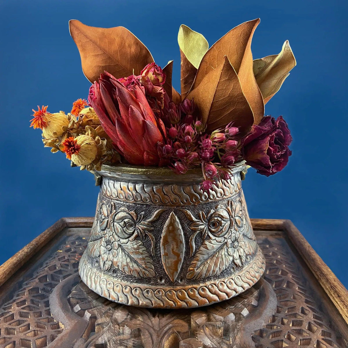 Antique Hand Pounded Copper & Tin Pail Storage Container or Vase with Lid and Brass Handle | Embossed Floral Folk Motif | Ethnic Home Decor | Collectors & Hosts