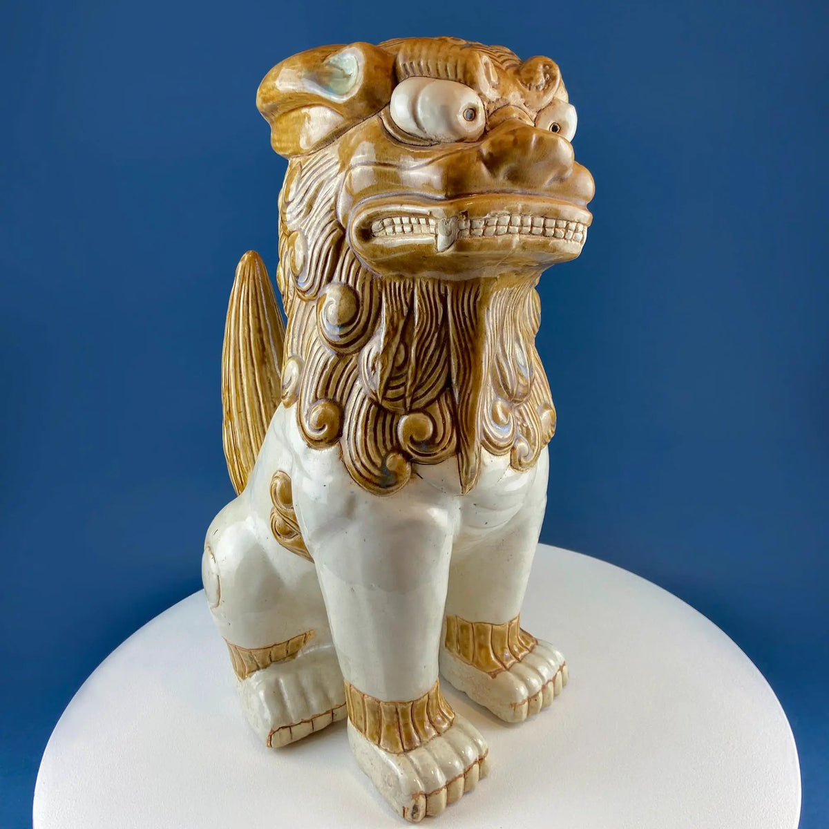Foo Dog Statue | 20 Inch Tall | Glazed Gold Beige | Large Size