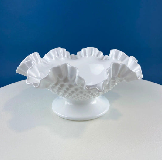 Fenton Milk Glass Hobnail Footed Bowl with Ruffled Edge | Vintage Collectible White Fruit Serving Dish | Dining Room Decor | Collectors & Hosts