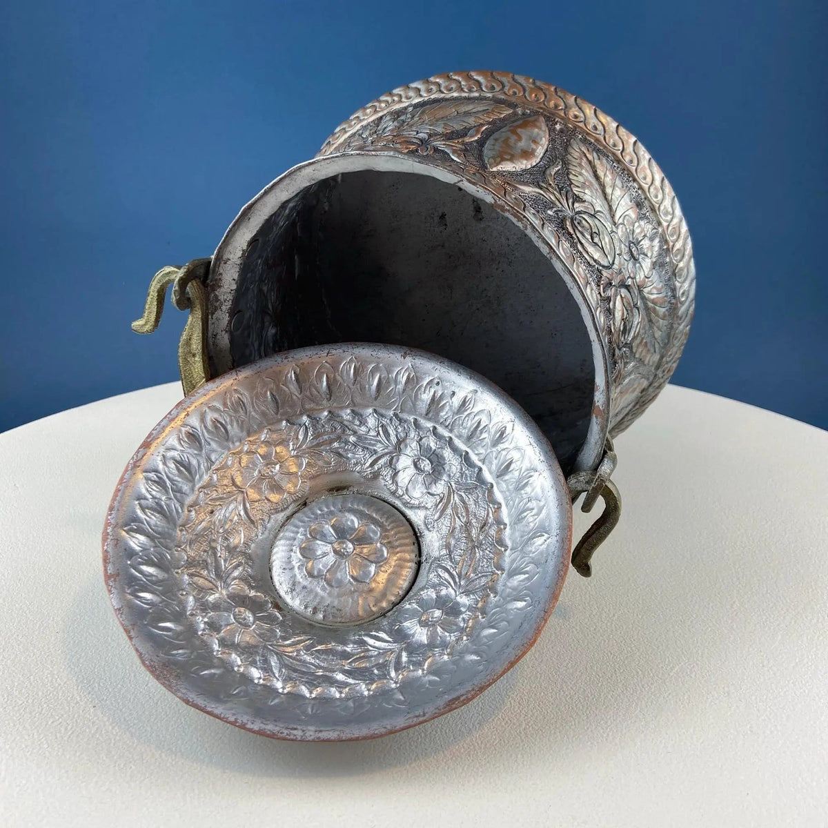 Antique Hand Pounded Copper & Tin Pail Storage Container or Vase with Lid and Brass Handle | Embossed Floral Folk Motif | Ethnic Home Decor | Collectors & Hosts