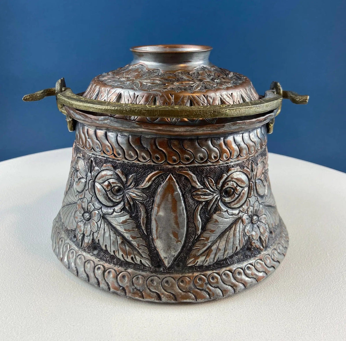Antique Hand Pounded Copper & Tin Pail Storage Container or Vase with Lid and Brass Handle | Embossed Floral Folk Motif | Ethnic Home Decor | Collectors & Hosts