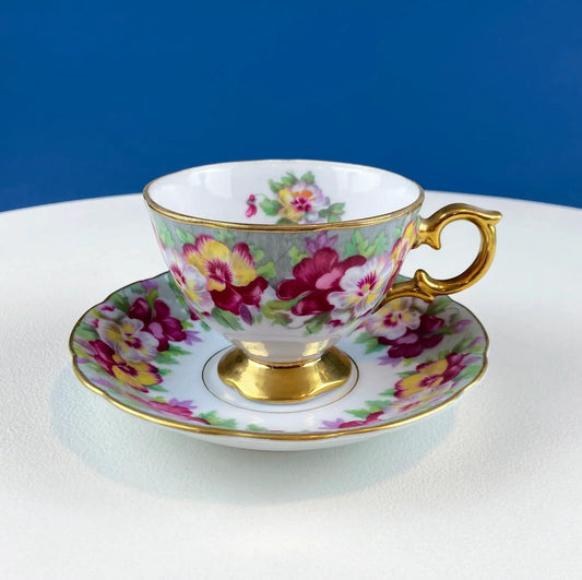 Vintage Cup And Saucer | Royal Sealy Pansy Pattern | 7 Oz Capacity