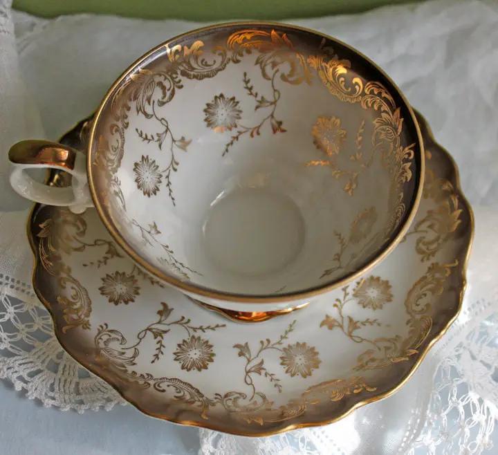 Tea Cup And Saucer | Antique Fine Porcelain | Gold And Pink Accent