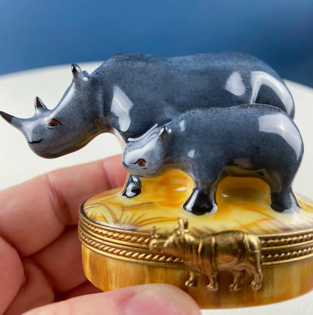 Lion and Baby Vintage Geo Z | Lefton Miniature Box | Collectible Porcelain & Brass Trinket Ring Pill Box | Collectors & Hosts