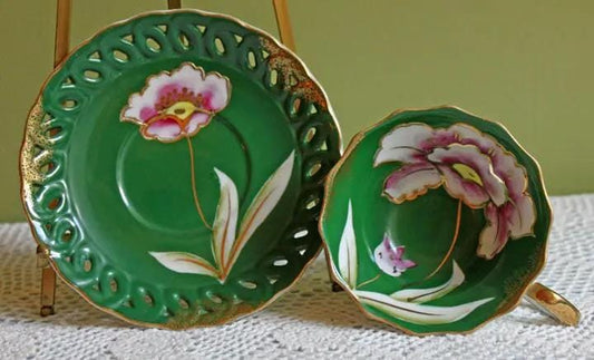 Vintage Dark Green Tea Cup and Saucer with Hand Painted Flowers | Collectible Vintage | Pre-Owned Piece | Collectors & Hosts