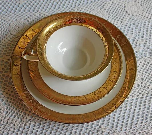 Antique Eschenbach Bavarian Porcelain Tea Trio: Gold Floral Cup | Saucer | Plate | Collectors & Hosts