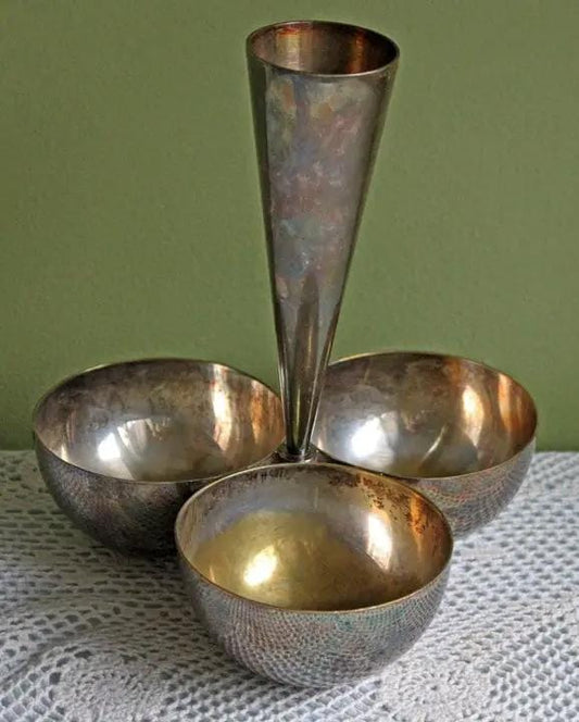 Silver Plated Cluster of Three Serving Bowls with Vase in Center - by Mesa | Italy | Collectible Vintage | Collectors & Hosts