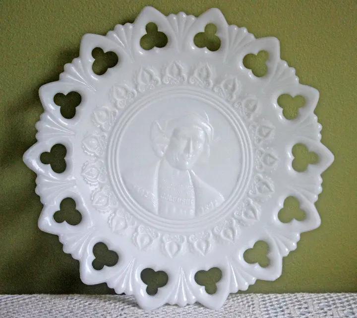 Milk Glass Display Plate | Embossed Columbus | Lacy Rim | 9.75 Inch