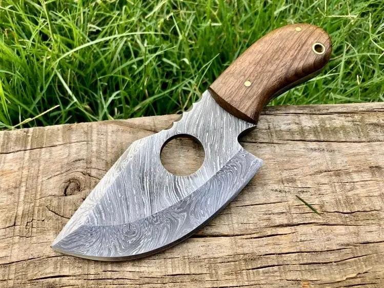 Custom Handmade Damascus Steel Finger Hole Skinning Knife | Damascus Steel | Hunting & Survival Knife | Home