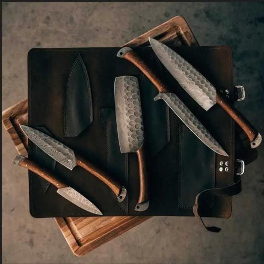 Custom Handmade Damascus Kitchen Knives Set - Rosewood Handles with Leather Roll Kit | 13 Inch | Damascus Steel | Home