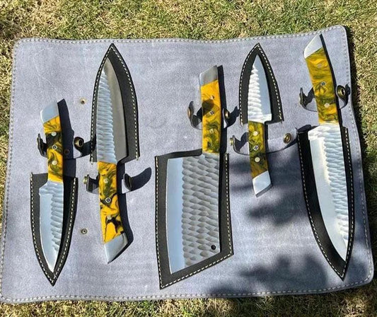 Hand Forged J2 Steel Kitchen Knife Set | 5 Knives | Resin & Steel Handles
