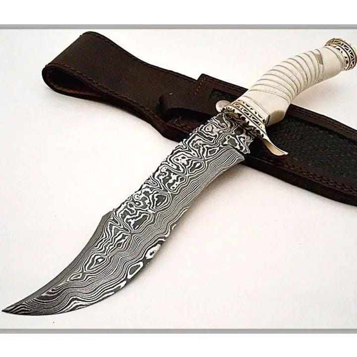 Custom Handmade Damascus Hunting Bowie Knife Brass Guard, Camel Bone Handle, Premium | Damascus Steel | Custom handmade bowie Knife | Home