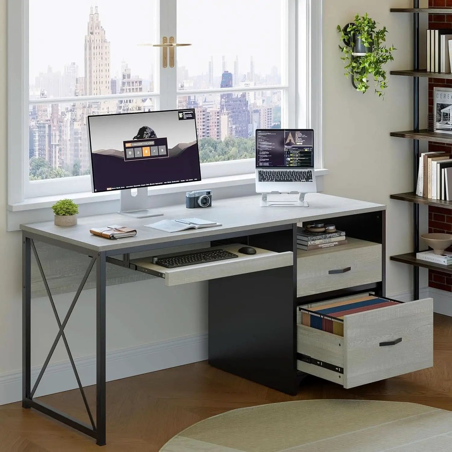 Industrial Office Desk with Storage Drawers and Keyboard Tray from PriceLows™