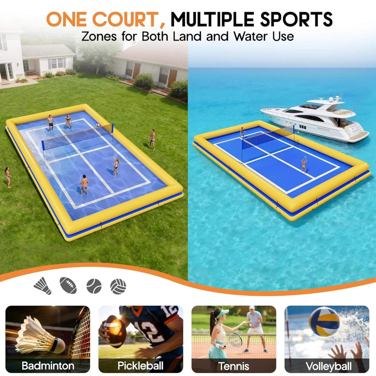 Inflatable Commercial Floating Pickleball And Volleyball Court With Net | Home Use | Everyday Use | Home